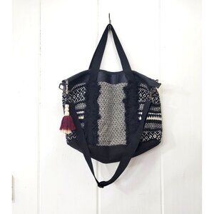 Mossimo Supply Co. Black & White Woven Boho Tote Bag With Fringe & Tassel Detail